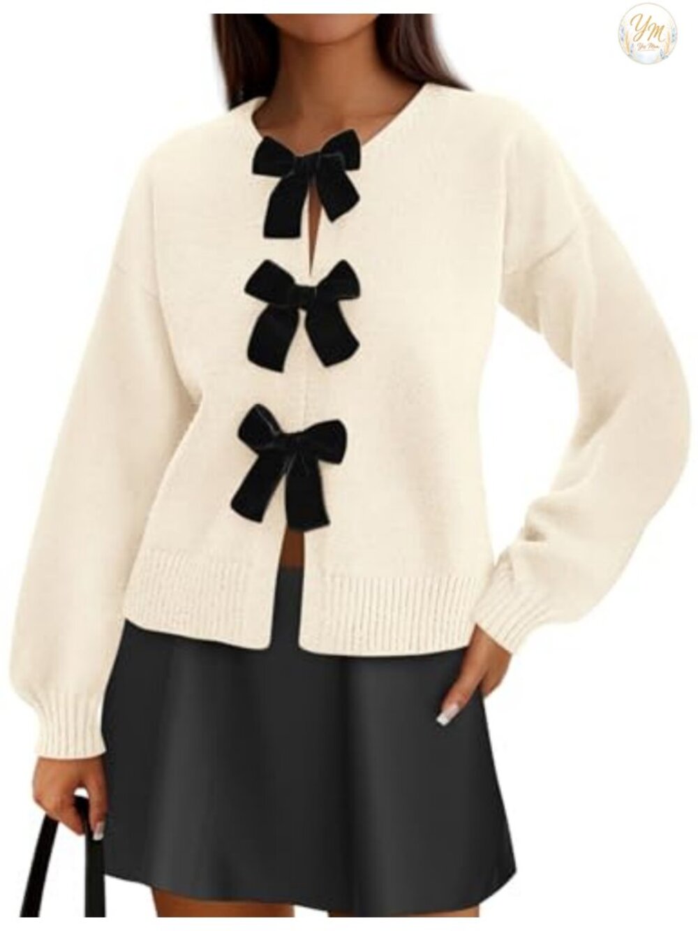 Women's Bow Tie Front Cardigan Sweater Long Sleeve Crewneck Oversized Knit